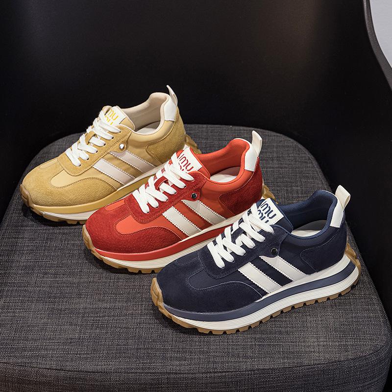 6cm Retro Sport Forrest Gump Women's Shoes - Autumn 2025 Red Ankara Leather Round Toe Color Block Casual Sneakers.