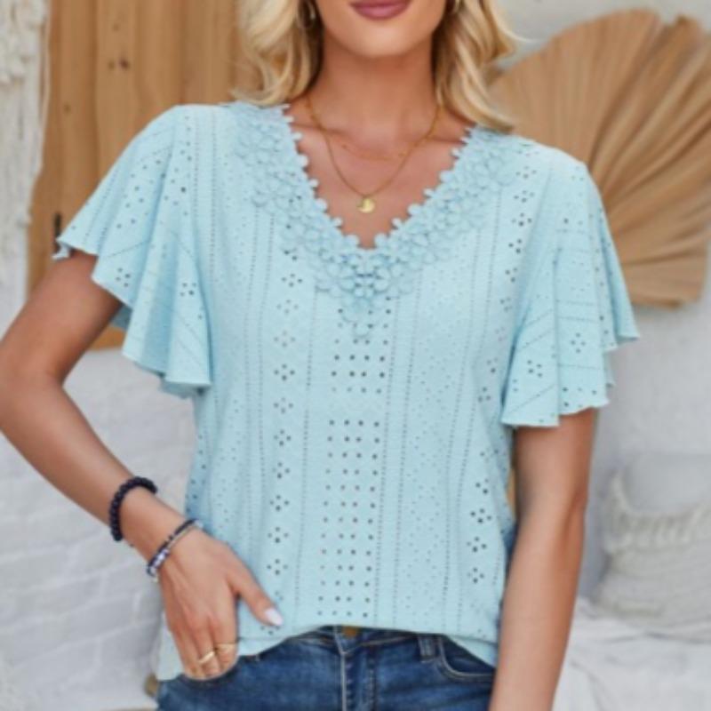 

Жіноча вільна футболка весна-літо з мереживом і V-подібним вирізом із рюшами та рукавами S синій