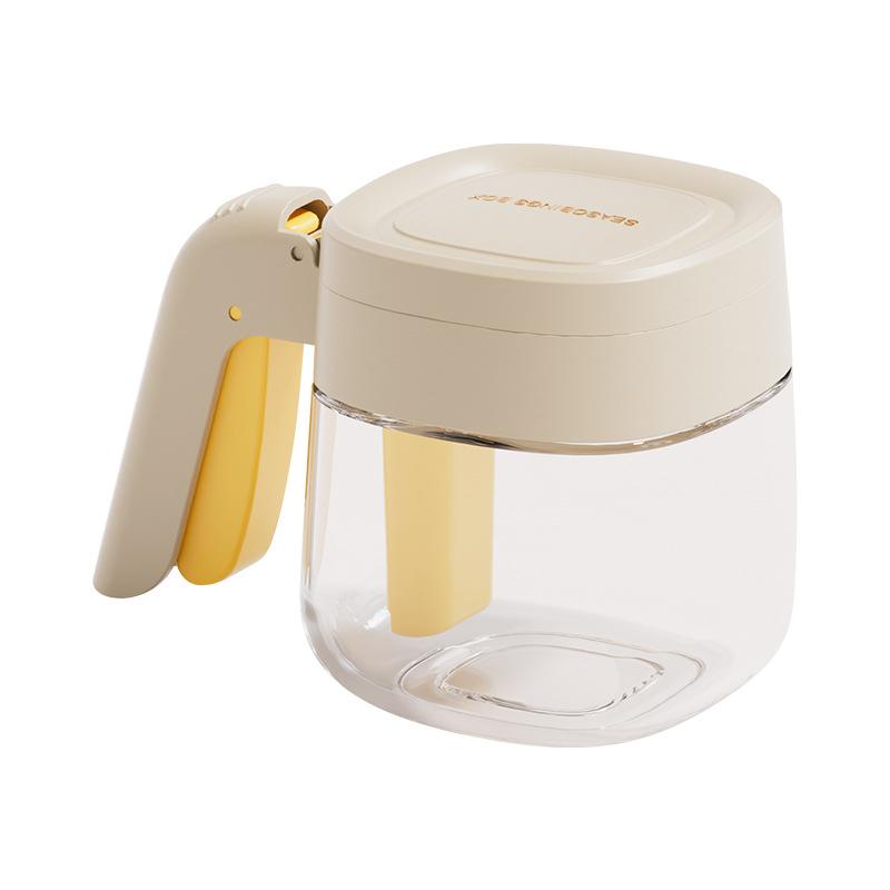 Household Kitchen Glass Seasoning Jar With Spoon Seasoning Storage Box, Flip Cover Single Handle Press Type Seasoning Jar