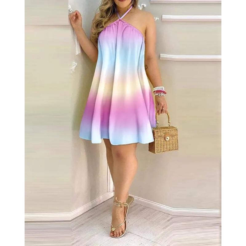 Women's Zebra Stripe Print Halter Neck Sleeveless Loose A Line Mini Dress Casual Summer Vacation Dress