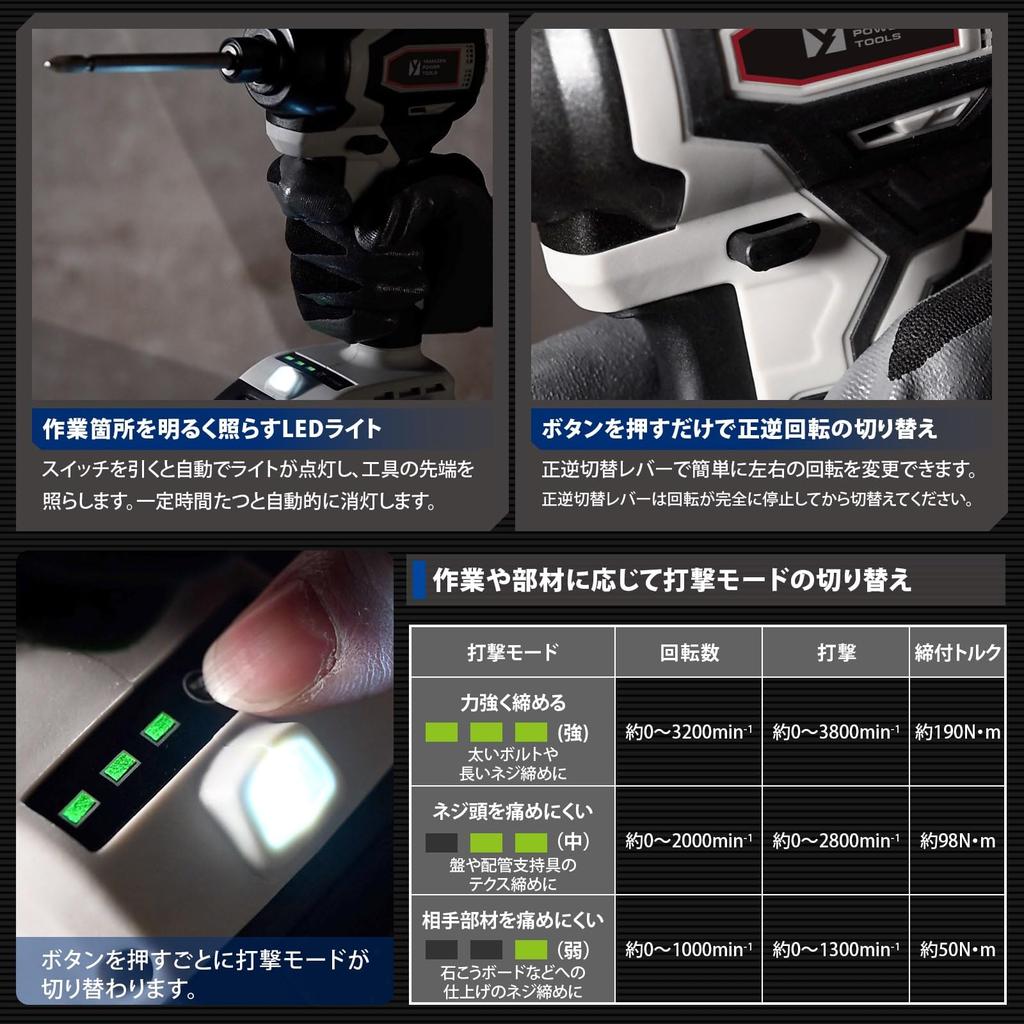 Yamazen 18V Rechargeable Impact Body Only Sold Maximum Tightening Torque of 190 with LED Light YID-180 Driver, (Charger Separately), Nm, [18V Series]