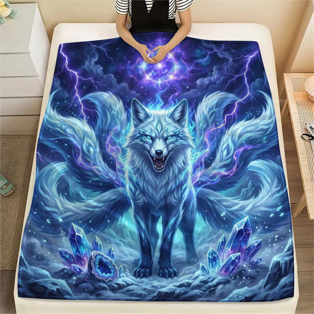 1Pc Nine-tailed Fox Print Flannel Blanket, High Quality Comfortable for All Seasons, Home Decor, Warmth and Comfort, Perfect for Christmas Gifts