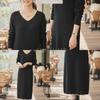 One Ambu Knit Beautiful Long Office Beige Women's Dress, V-Neck, Sleeves, Casual, I-Line, Loungewear, White,