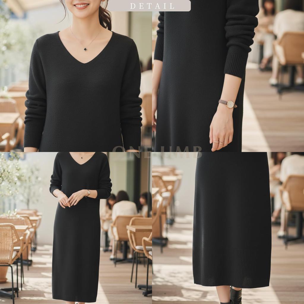 One Ambu Knit Beautiful Long Office Beige Women's Dress, V-Neck, Sleeves, Casual, I-Line, Loungewear, White,