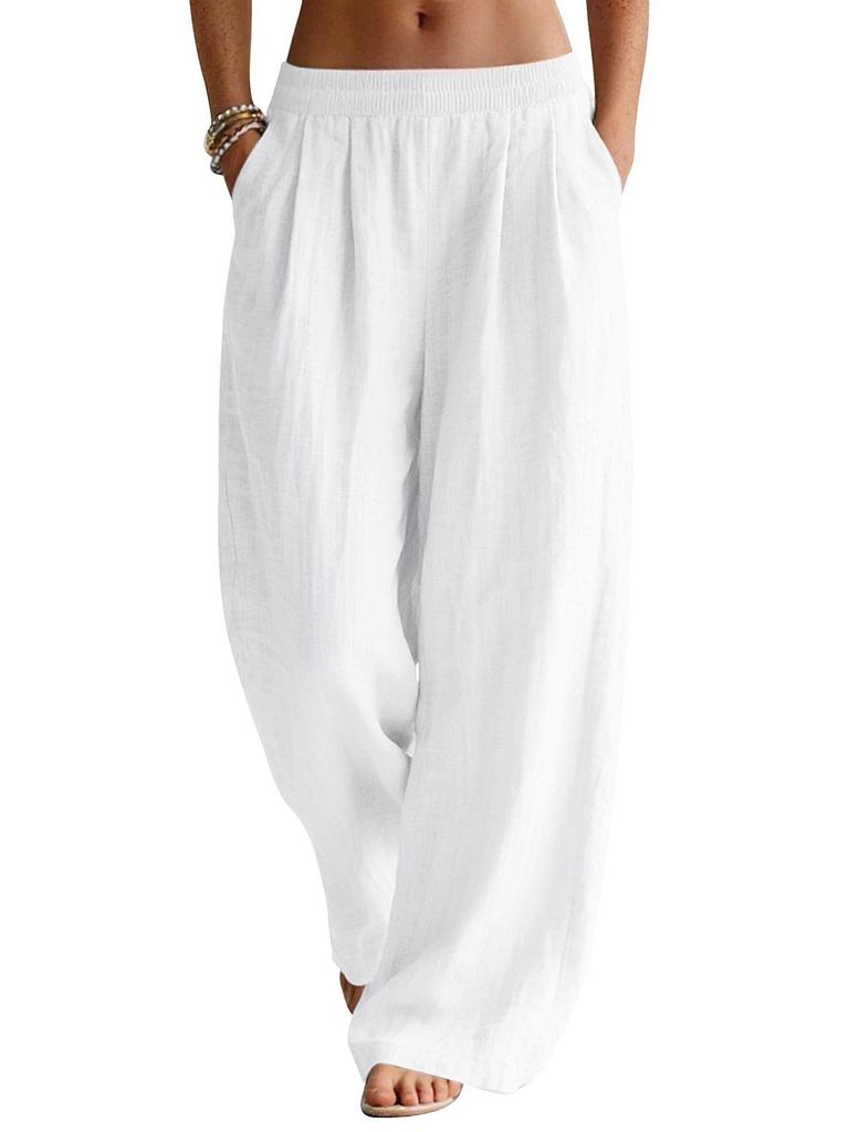Women's Flowy Linen Wide-Leg Pants - Summer Beach Travel Wear with Elastic Waist & Pockets