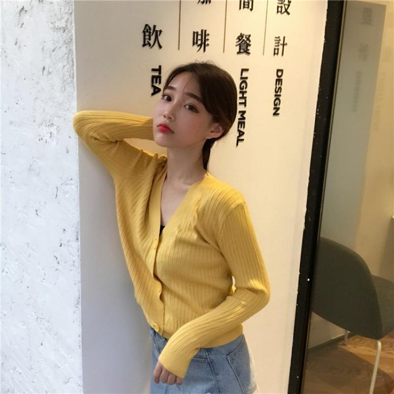 V-neck knitted cardigan autumn new retro versatile sweater with long-sleeved short coat for women