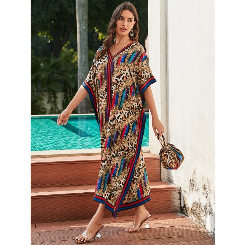 Damenmode Sommer Frühling Leopardenmuster 1/2 Ärmel V-Ausschnitt Lose Taille Freizeitkleider