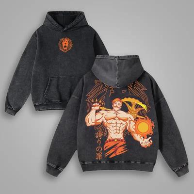Anime The Seven Deadly Sins Escanor Print Kapuzenpullover für Herren Retro Gewaschenes Sweatshirt Lässiger Baumwoll-Pullover Harajuku Streetwear