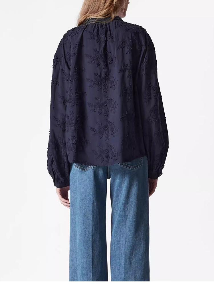 French Embroidered Women's Long Sleeve Cotton Blouse - High-End Autumn Collection