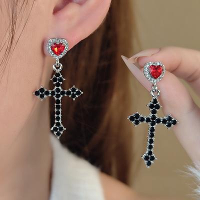 Halloween Dark Sweet And Cool Love Cross Earrings, Light Luxury High-End Diamond-Encrusted Temperament Earrings