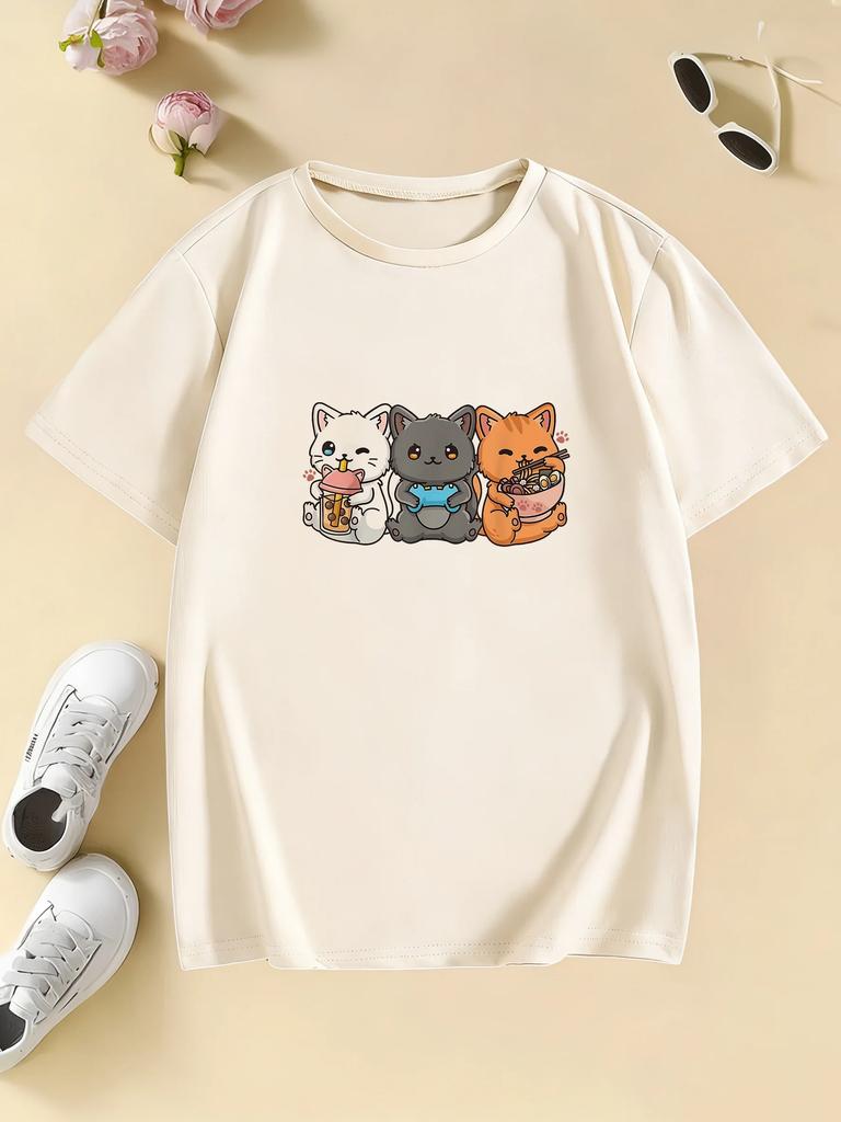 Kawii Unisex Kids Cat Eat Ramen Design T Shirts Manga Kids Childrens Tshirt Boys Girls Summer Spring Casual Top Tee