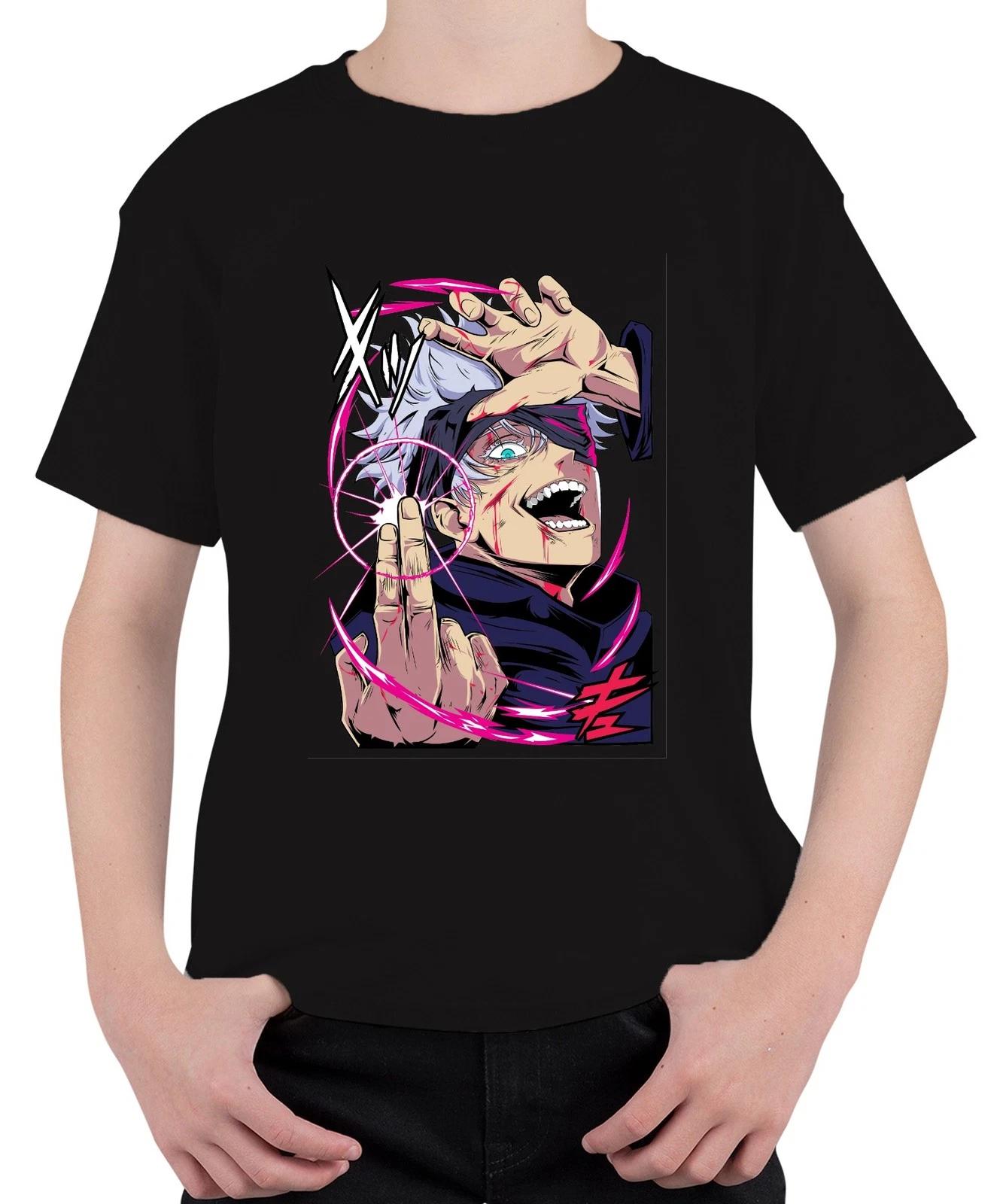 Jujutsu Kaisen Gojo weißes Haar Augenbinde Energiekreis Anime Unisex Kinder T-Sh M