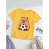 European Sizes Girl's Capybara Holding a Soccer Ball Graphic Short-Sleeve T-Shirt, Kids' Summer Casual Top, Comfortable and Versatile