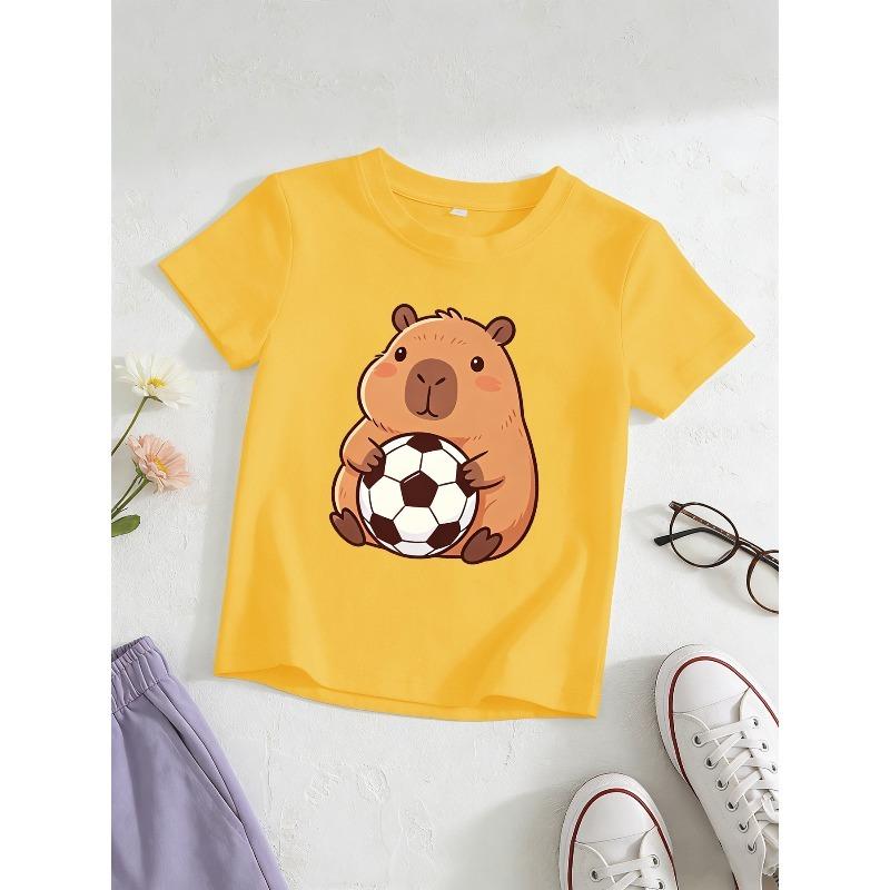 European Sizes Girl's Capybara Holding a Soccer Ball Graphic Short-Sleeve T-Shirt, Kids' Summer Casual Top, Comfortable and Versatile