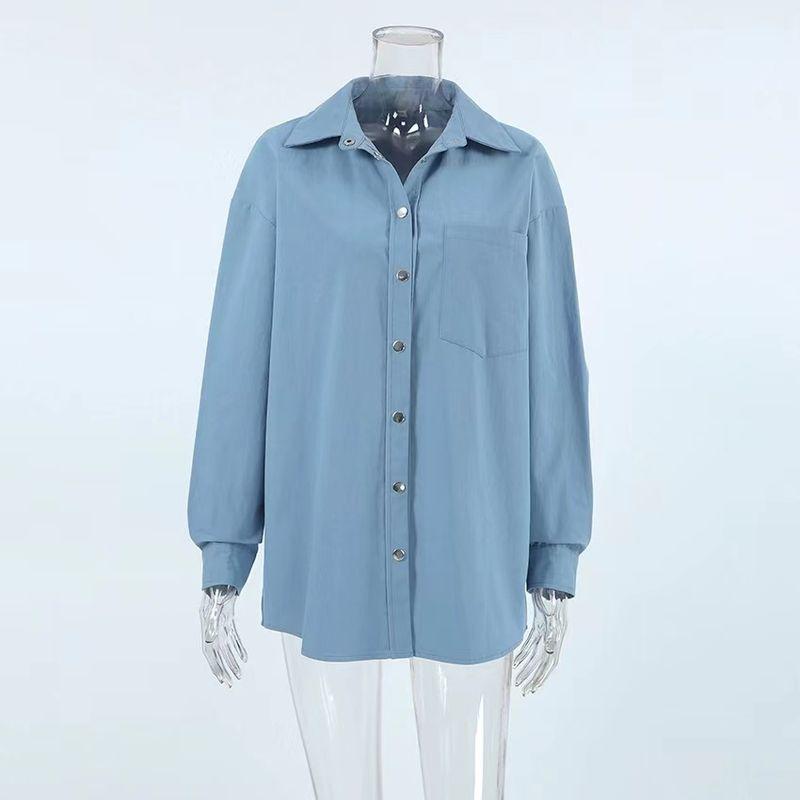 

Fashion All-Match Blue Outwear New Arrival Niche Style Minimalist Long Sleeve Shirt Simple Long Sleeved Top Blue L