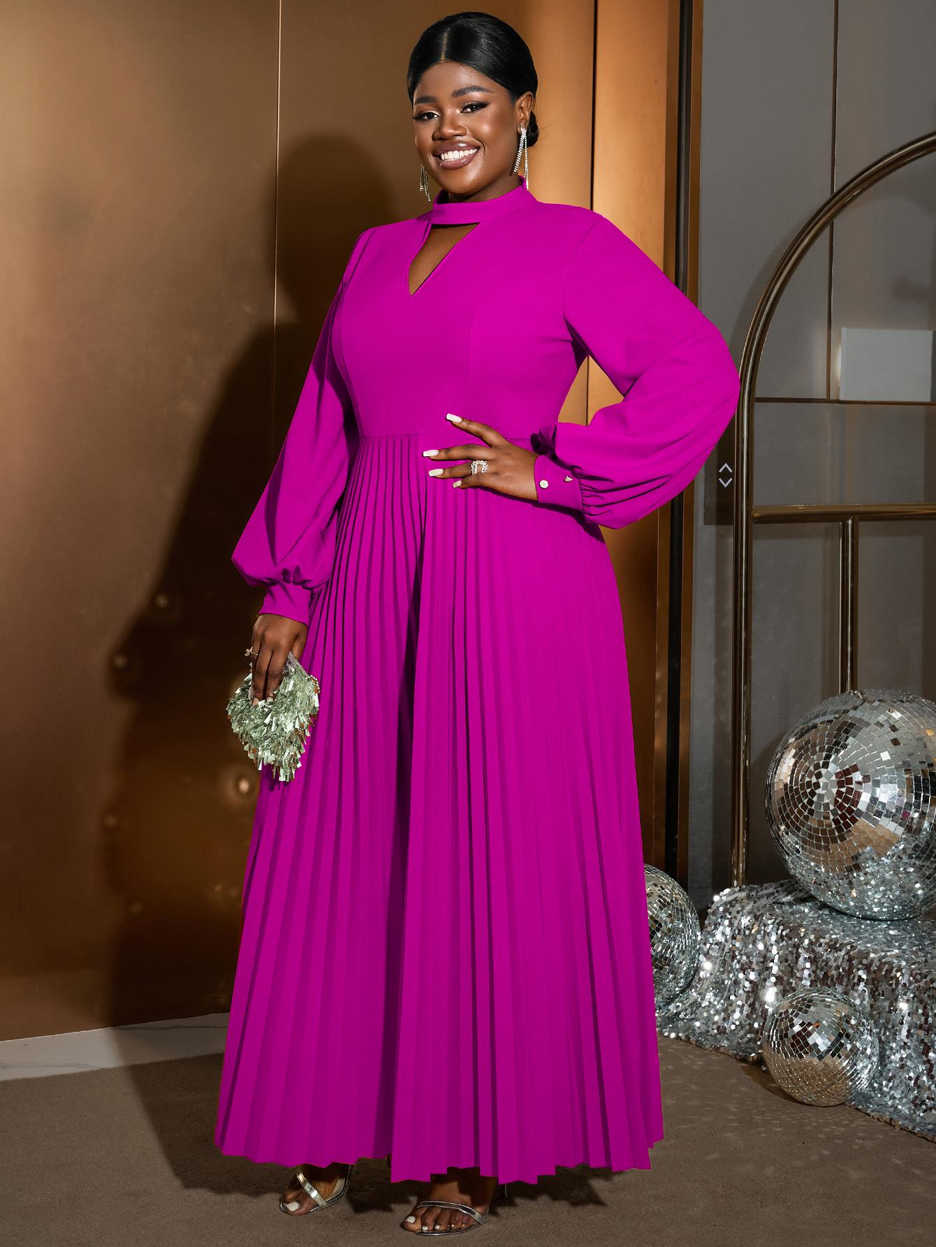 

AOMEI плиссированные вечерние платья с длинными рукавами для женщин, с круглым вырезом и вырезом на груди, элегантные халаты трапециевидной формы, стильные вечерние платья для торжественных случаев 1XL ярко-розовый