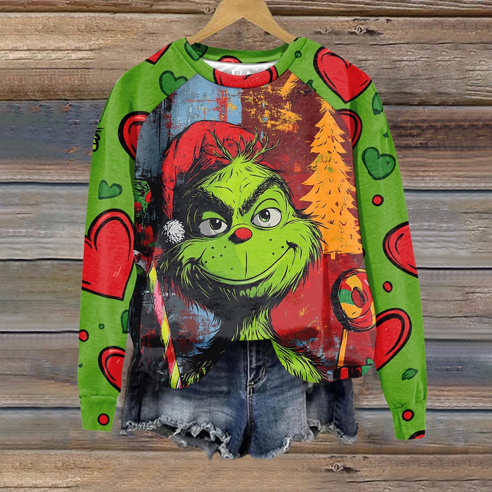 

Женская мода повседневная толстовка с длинным рукавом и принтом рождественского Гринчмаса с круглым вырезом и реглан M зелёный