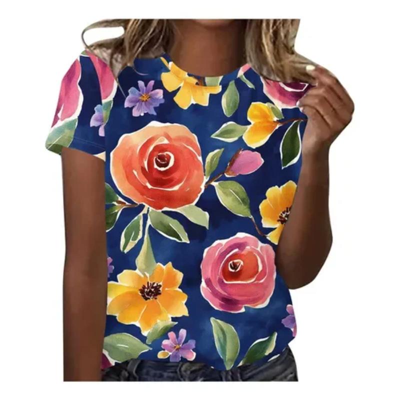 Casual Simple Top Fashionable Flower Print Short Sleeve Versatile T-Shirts Women’s S