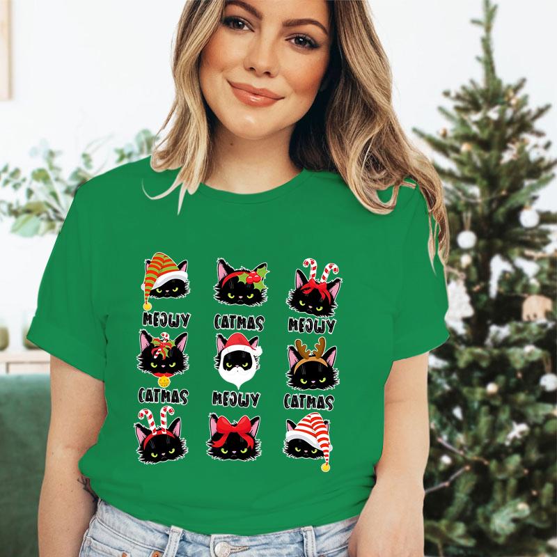 Merry Christmas Cat Classic Tshirt Santa Cat Lover Gift for Christmas Crew Neck Womens Clothing Festive Short Sleeve Tshirts