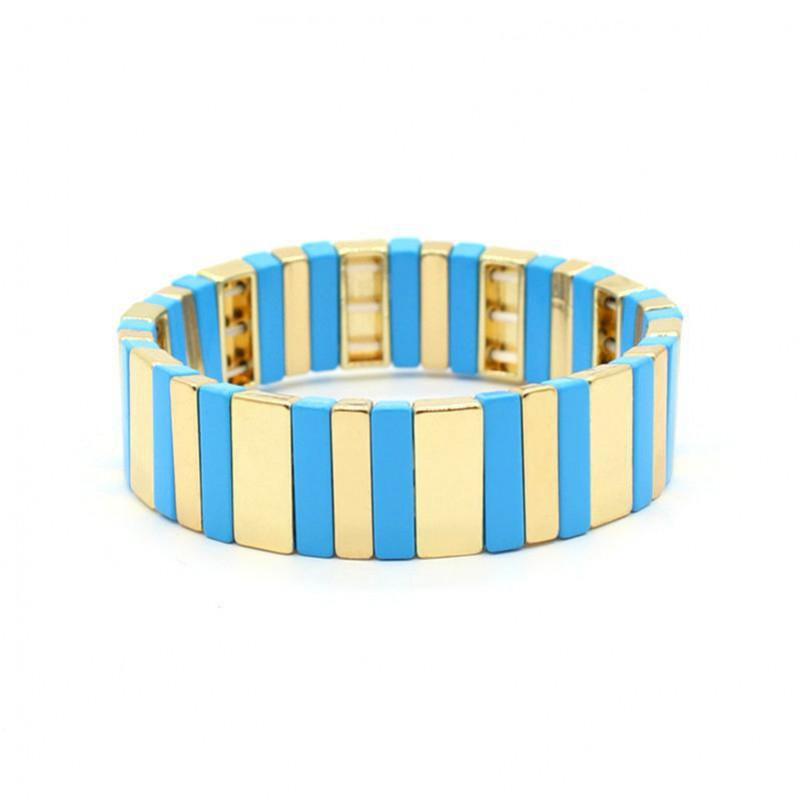 Geometric Enamel Bracelet With Rainbow Color Blocks Multi-Layer Stackable Boho Jewelry Travel Vacation Accessory