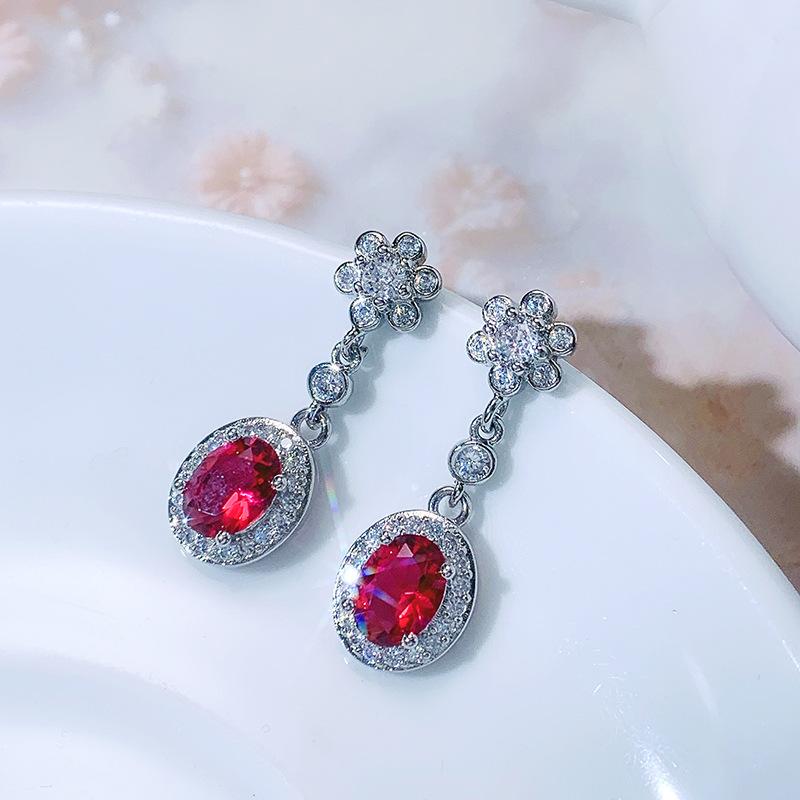 Fashion Temperament Water Drop Red Corundum Gemstone Color Treasure Earrings Female S925 Silver Ornaments Mother's Day Gift