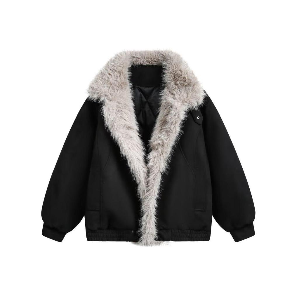 Winter 2025 American Retro Black Fur Collar Cotton Jacket