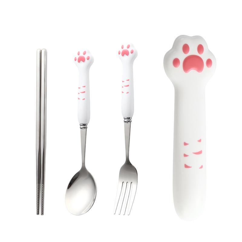 Stainless Steel Children s Tableware Set Creative Cartoon Cute Household Children s Cat Paw Eating Spoon and Fork Set розовый