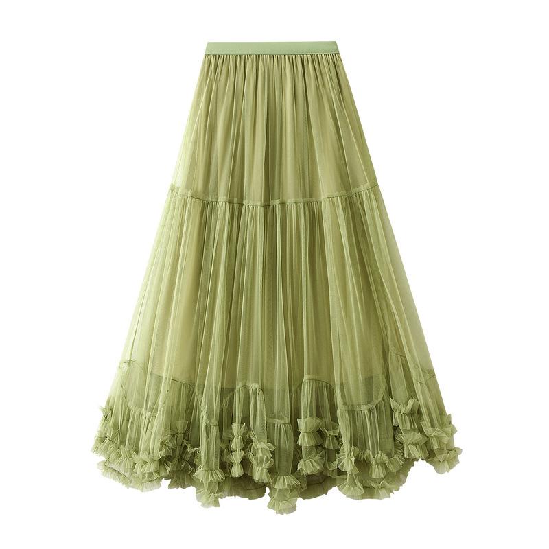 

Super pendulum design sense fashion mesh skirt sweet fungus lace a word big pendulum skirt One size fits all зелений