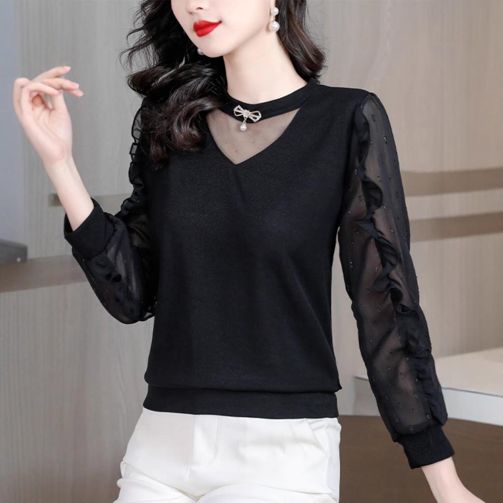 Schwarzes Unterhemd für Damen Langärmlig Winter Neu Hochwertig Modisch Hemd mit Chiffon-Oberteil