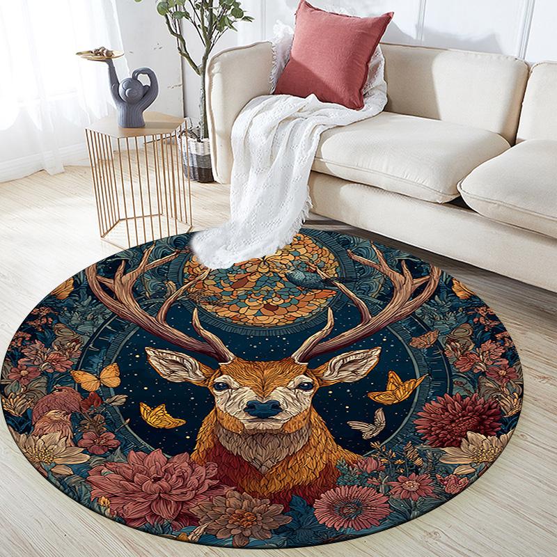 Deer Round Area Rug,Carpet Rug for Living Room Bedroom Sofa Playroom Decor,Non-slip Floor Mat