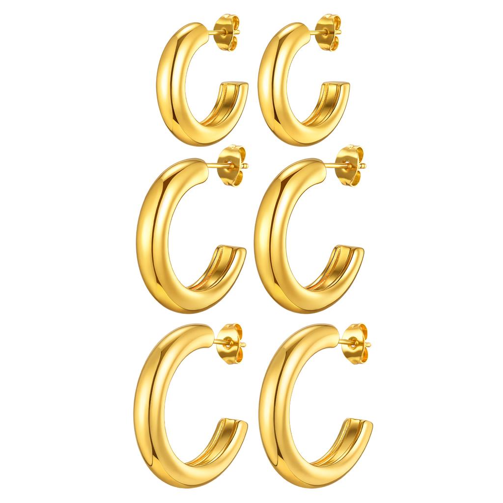 3pcs Stainless Steel Gloss C-shaped Earrings,Women's Gold Color High-quality Earrings,Trendy Geometric Jewelry Party Gift