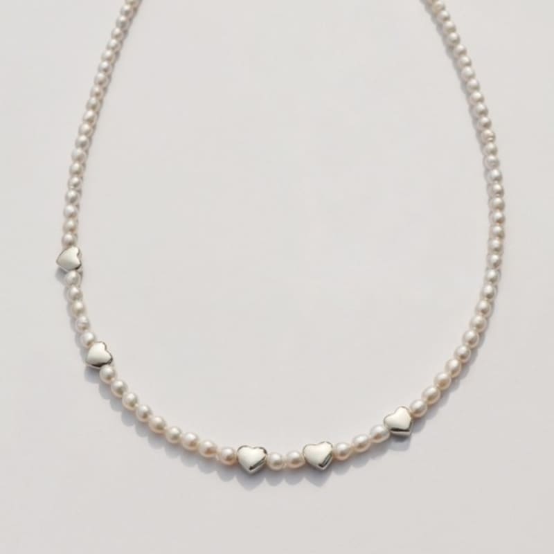 BONBEAU Bebe silver heart water pearl Necklace Silver mini heart freshwater pearl choker silver necklace 3mm