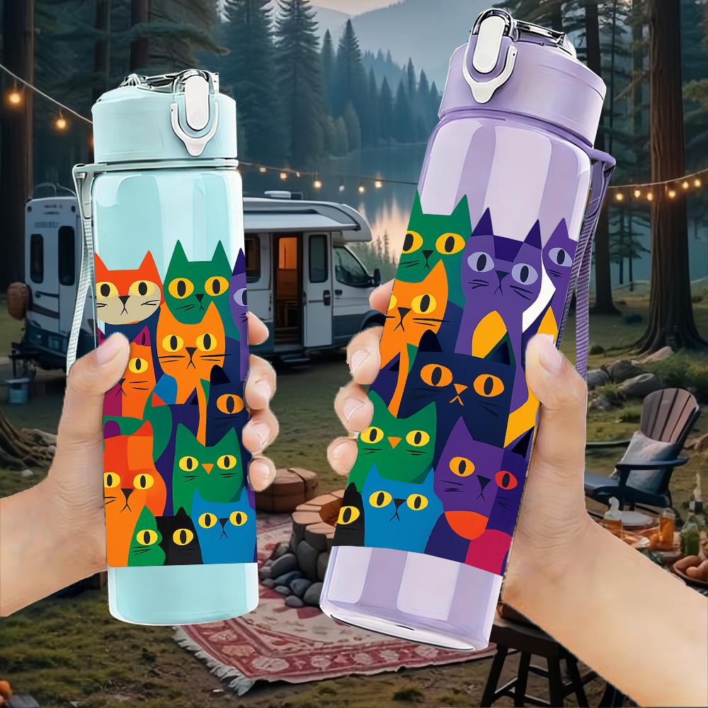 1PC Multi Color Cat Group Collage 750ml Color Plastic Sports Water Bottle Leakproof Flip Straw Lid For Sports Office Home Use