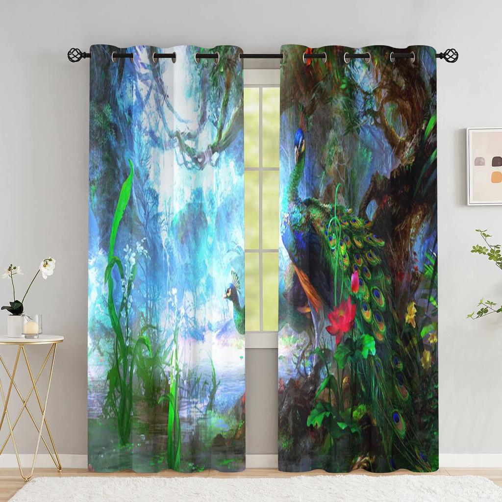 Window Curtains for Living Room Luxury Bedroom Divider Blue Peacock With Flower Peafowl Left and Right 2Panels Cortinas Drapes