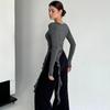 Damen Frühling und Sommer Neue Persönlichkeit Unregelmäßig Gestrickt Schlanke Damen T-Shirt Im Inneren Der Langen Ärmeln Bottoming Shirt