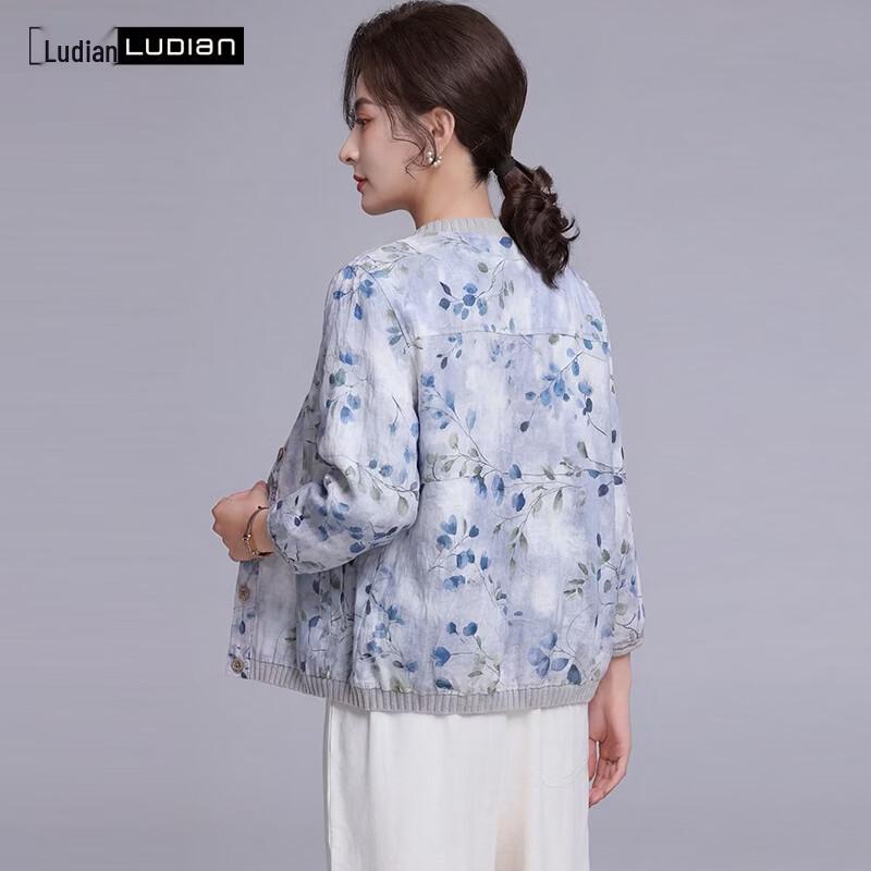 LUDIan Women's Floral Cotton-Linen 3/4 Sleeve Shirt