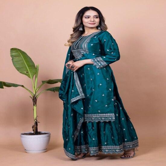 Dark Teal Embroidered Sharara Suit with Dupatta