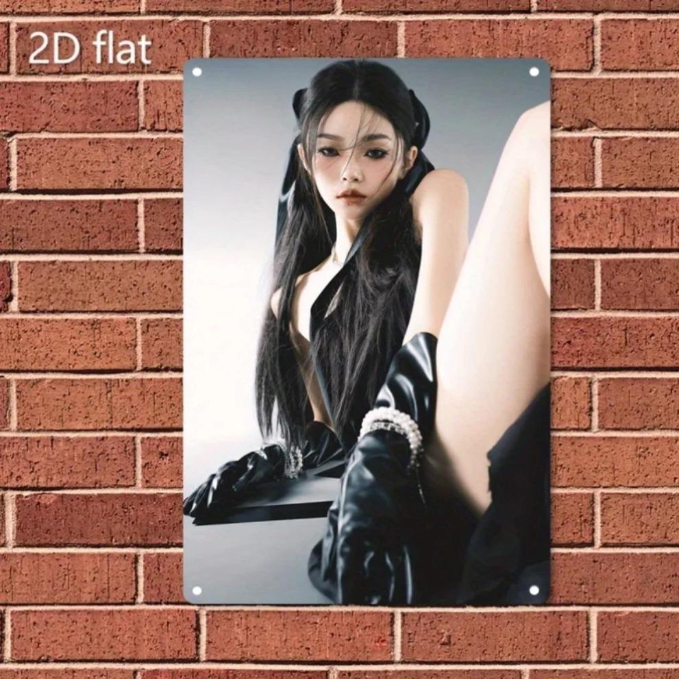 

HD Metal Tin Sign Chic Asian Model in Black Leather Gloves Wall Art Retro Metal Plaque for Home Decor x Inch 20x30cm（7.8x11.8inch）
