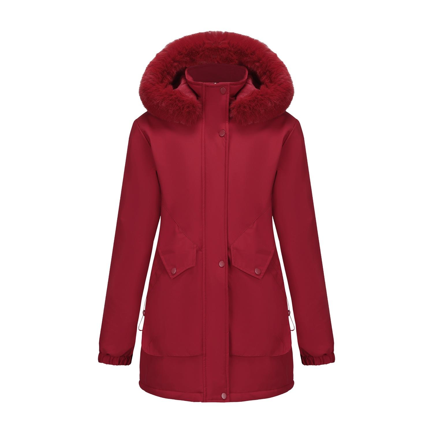 

Зимнее пальто женское 2025 длинное плюшевое с меховым воротником на флисовой подкладке парка куртка в корейском стиле XXL бордовый