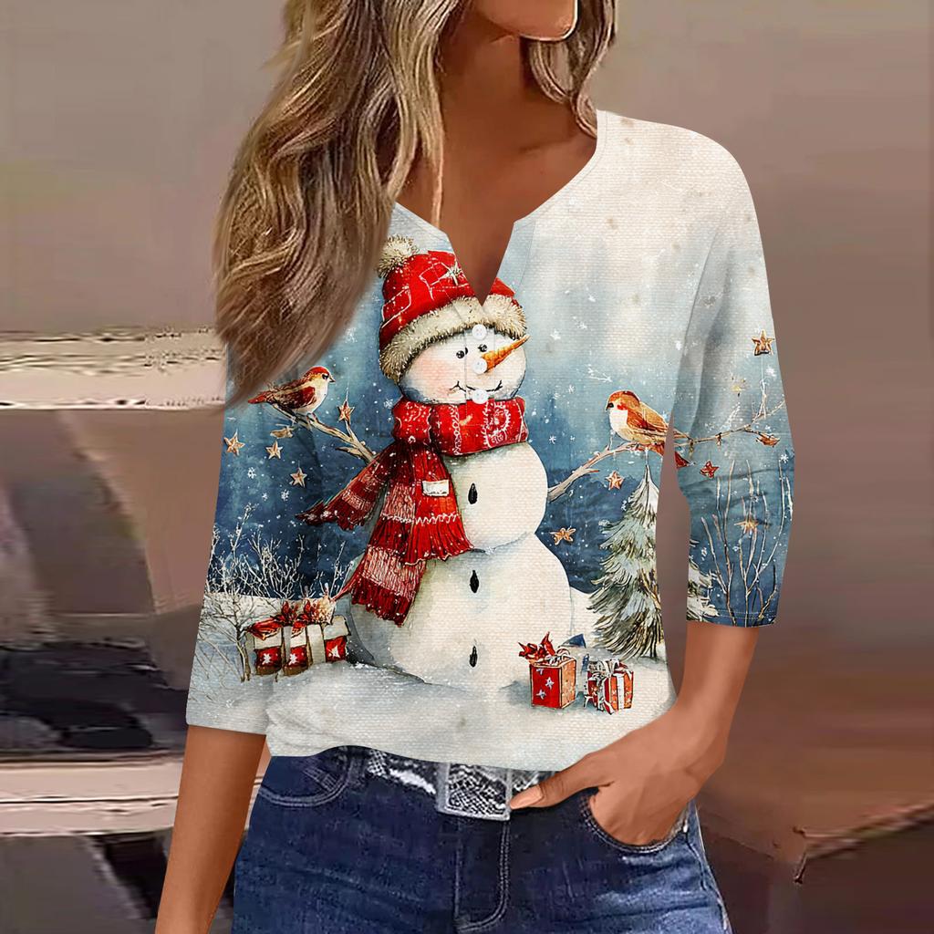 Women's Fashion Casual Halloween Printed V-Neck Short Sleeve Decorative Button Three-quarter Sleeve T-shirt Top