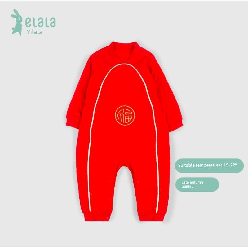 Red Festive One-Piece Romper for Babies, Chinese New Year Outfit, Thin Cotton Jumpsuit for Babies