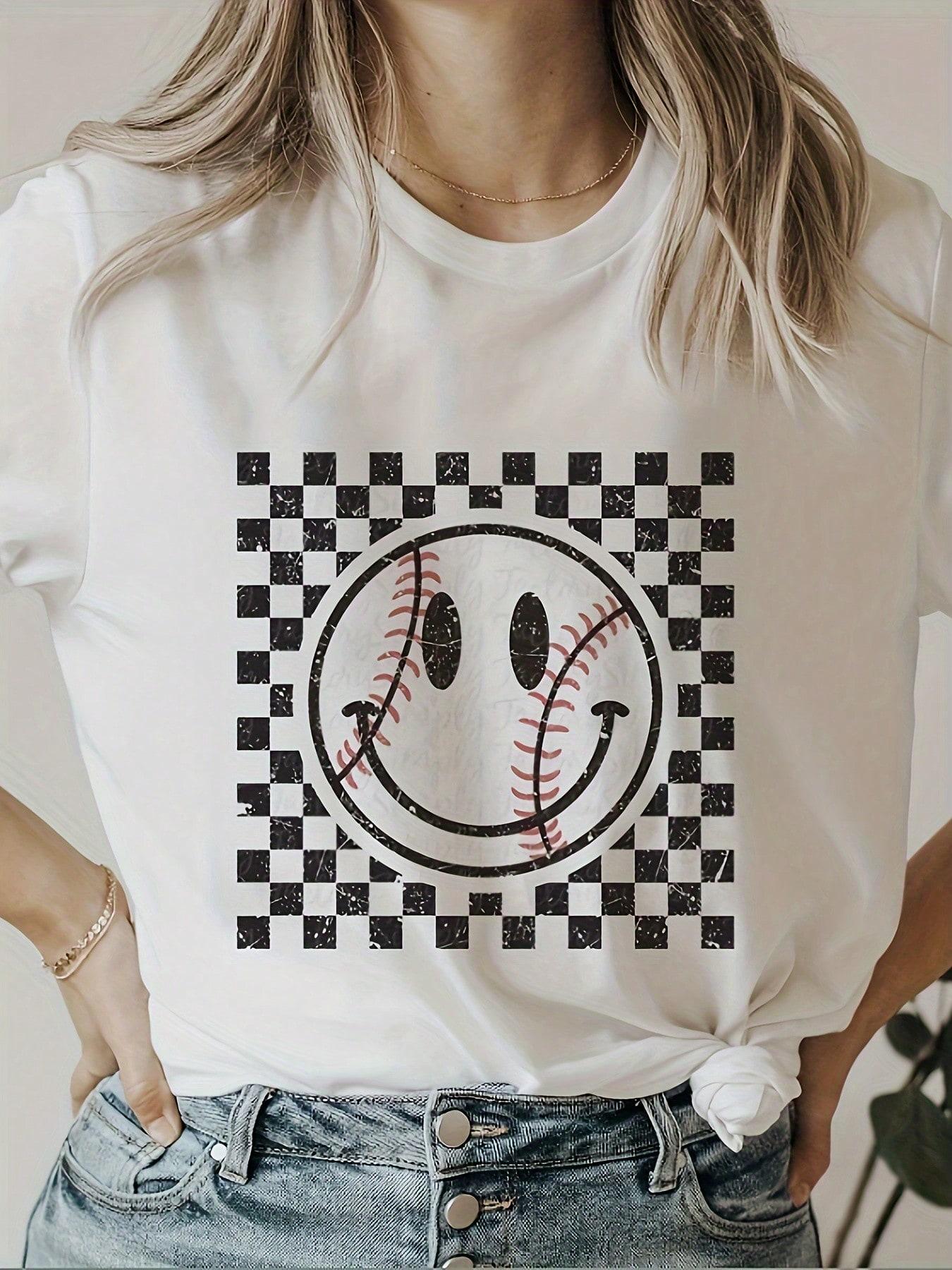 Baseball Smiley Face Checkered T-shirt XL