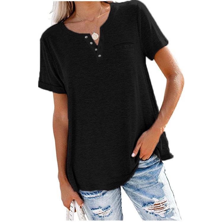 New Women's V-Neck Short Sleeve Loose Pocket T-shirt for Spring/Summer - Europe & America Style
