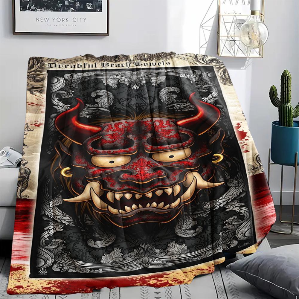 1Pc Hannya Samurai Print Flannel Blanket, High quality Comfortable for All Seasons, Home Decor, Warmth and Comfort, Perfect for Christmas Gifts