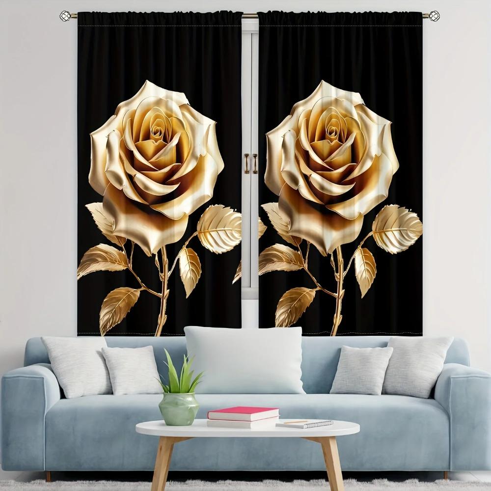 2pcs Set Golden Black Floral Digital Print Curtains Rod Pocket Design For Living Room Kitchen Bedroom Study Contemporary Home
