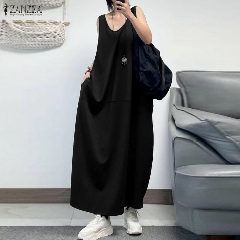 ZANZEA Women Casual Round Neck Sleeveless Loose Long Dress with Pockets