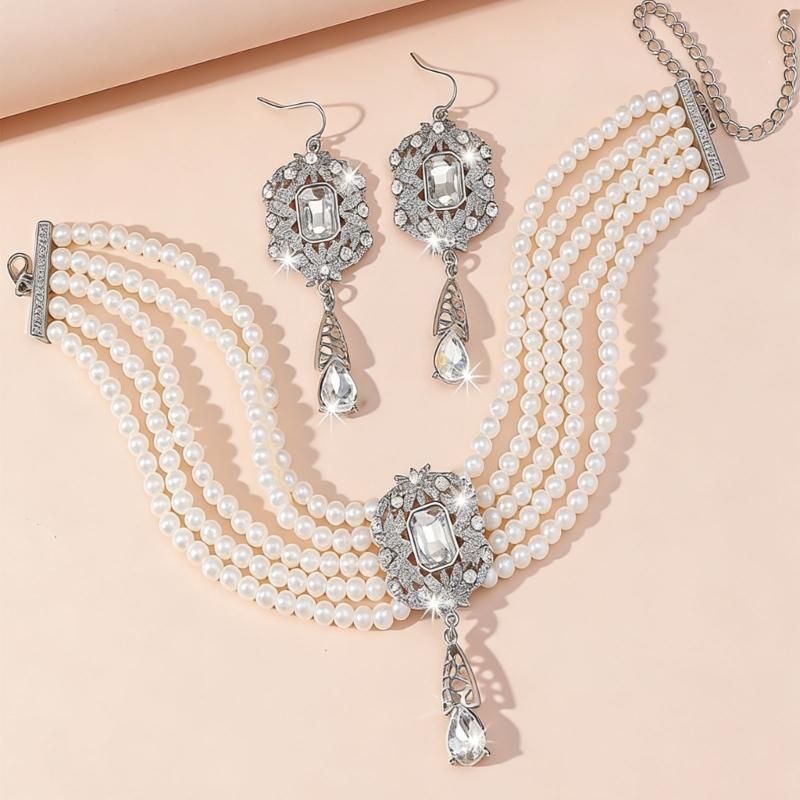Stylish Layer Rhinestones Waterfall Necklace With Matching Earrings Jewelry Set