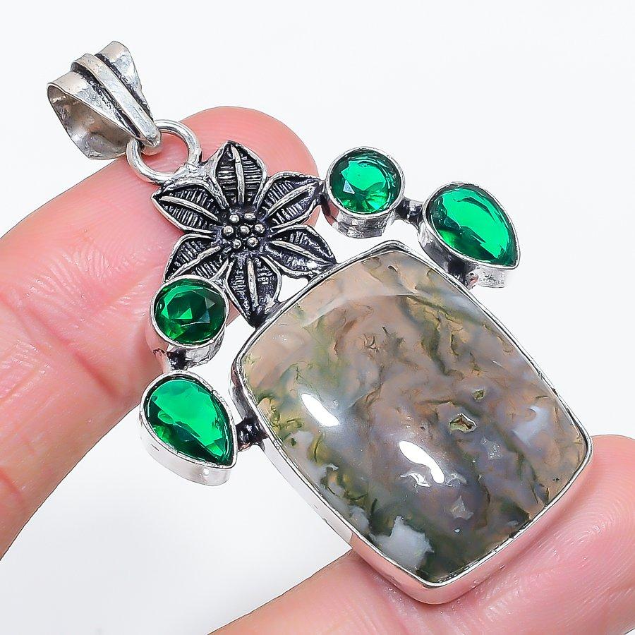 Natural Indian Moss Agate, Diopside 925 Sterling Silver Pendant 2.21" U5N66