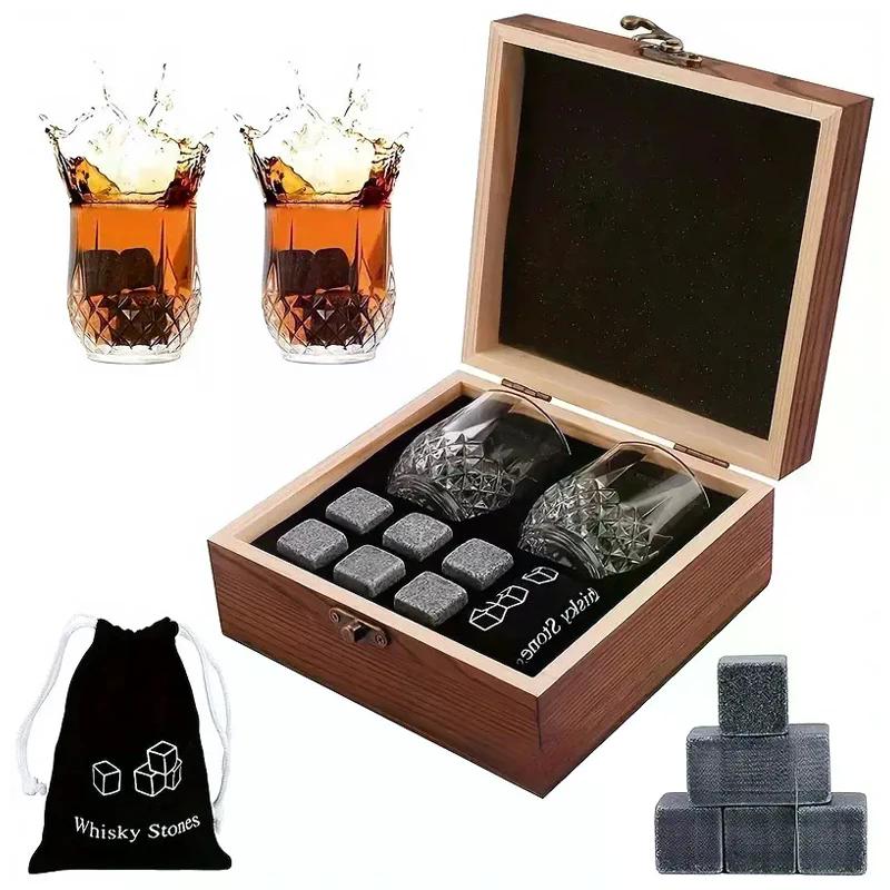 Regalo Festa del Papà per Uomini Set di Pietre per Whiskey 8 Pezzi Cubetti di Ghiaccio in Granito + 2 Pezzi Bicchieri per Whisky in Scatola di Legno Regalo per Papà