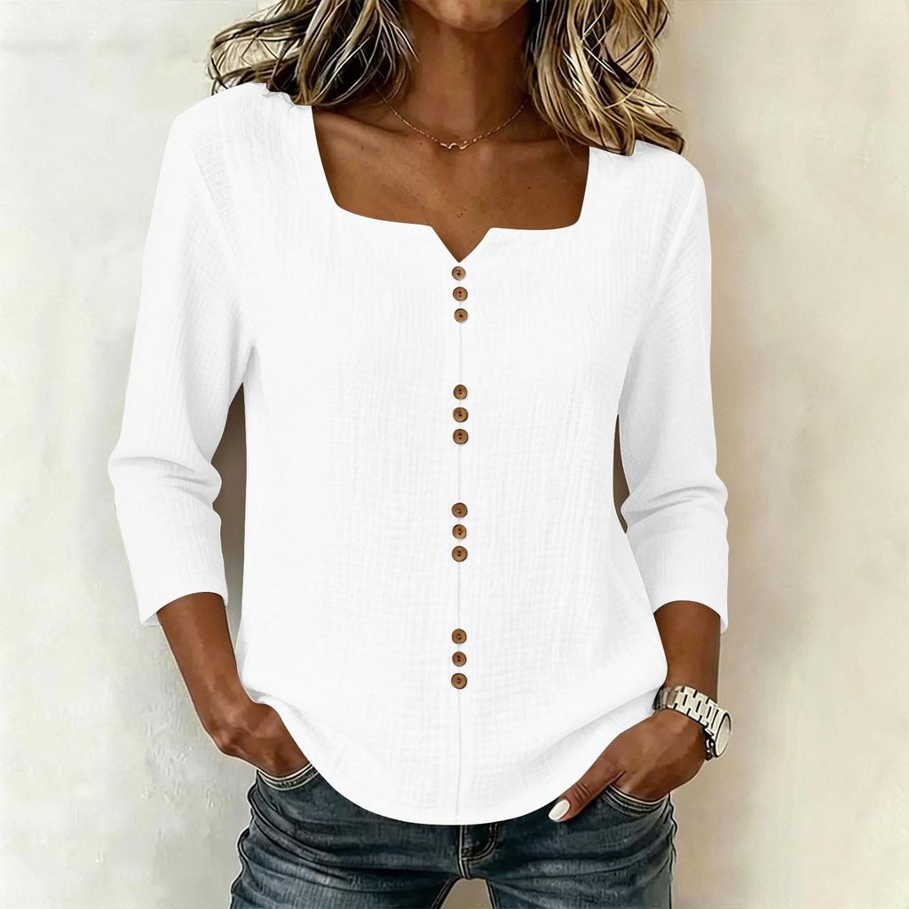Women's V-Neck Three-Quarter Sleeve Button Down Blouse for Work in Cotton Linen